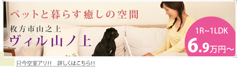 ペットと暮らす癒しの空間！枚方市山之上のヴィル山ノ上。1R～1LDKは6.9万円～です。只今空室アリ！！詳しくはこちら！！